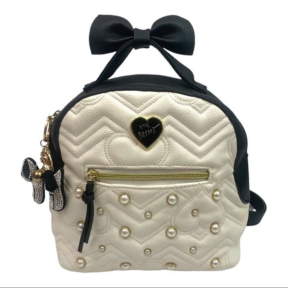 Betsey Johnson Handbags - Betsey Johnson Quilted Pearl and Bow Mini Backpack Black White